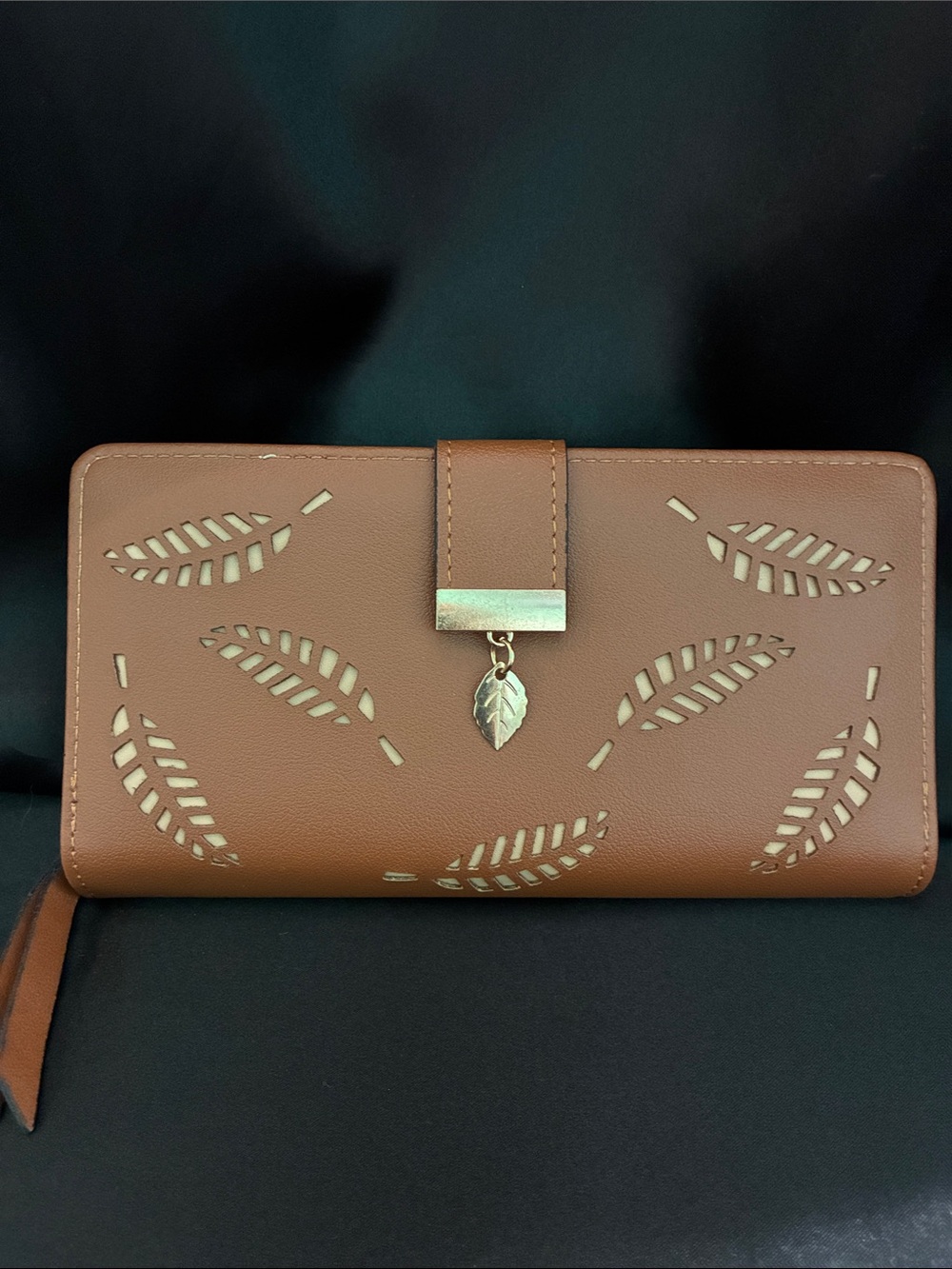 Wanderlust Leaf-Accent Tan Long Wallet with Gold Charm